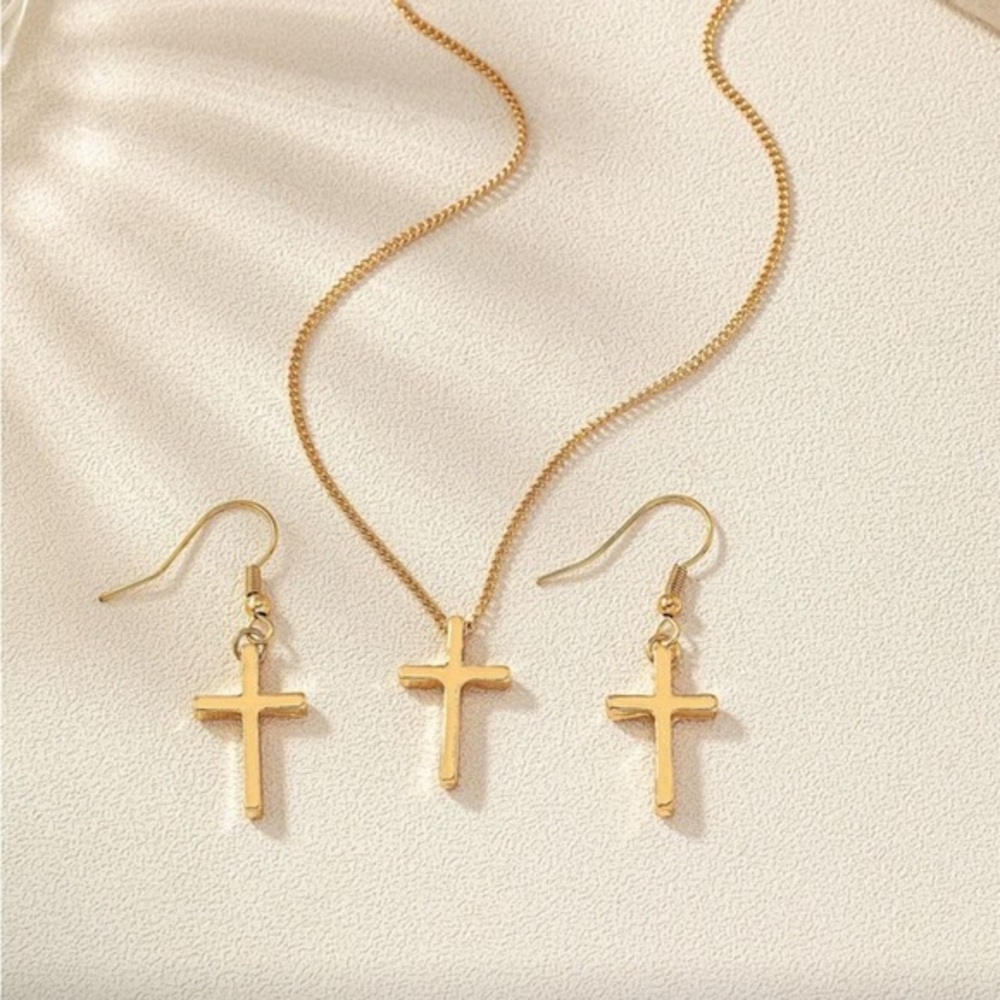 18K Gold Plated Cross Necklace and Earrings Set